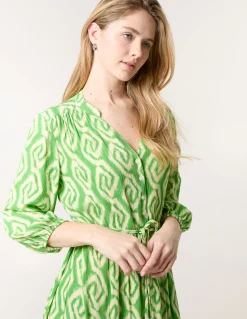 Abstract Button Front Belted Dress