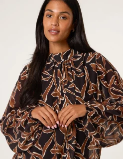 Abstract Printed High Neck Puffball Top