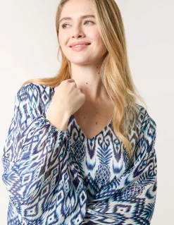Abstract Printed V Neck Puffball Top