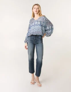 Abstract Printed V Neck Puffball Top