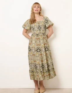 Abstract Print Puff Sleeve Midi Dress