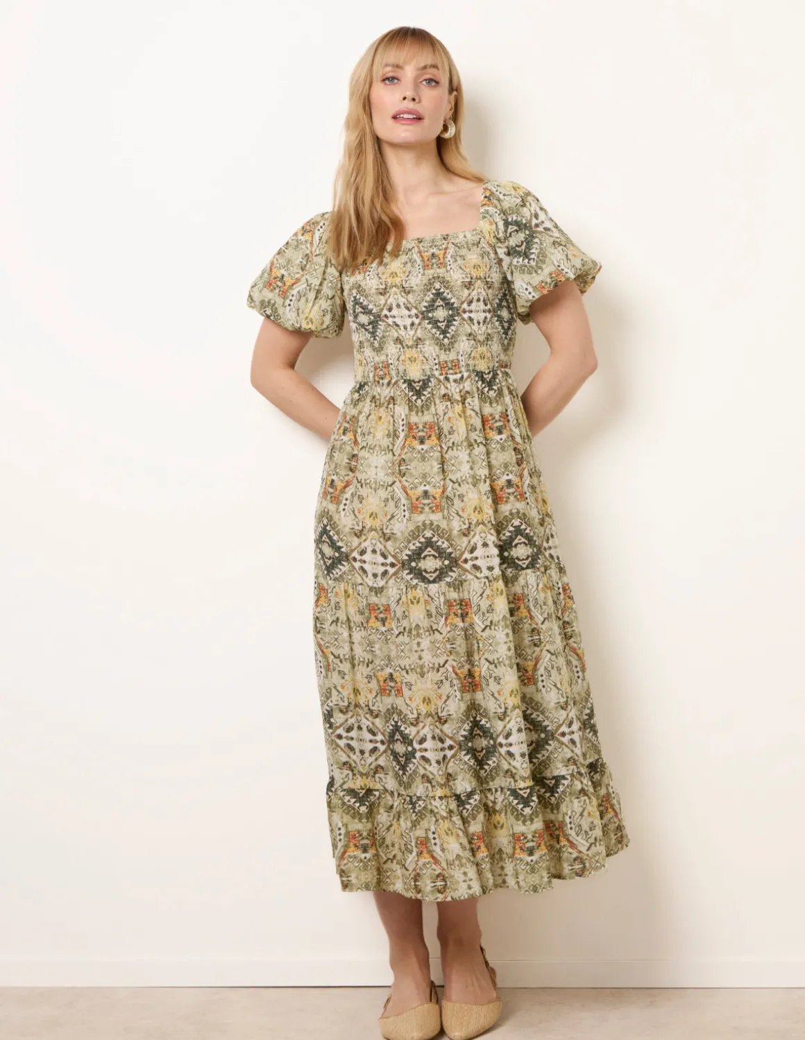 Abstract Print Puff Sleeve Midi Dress