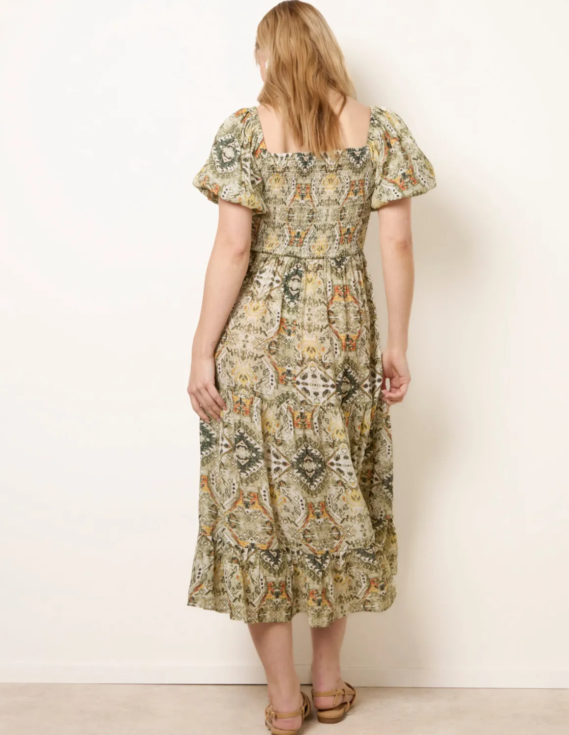 Abstract Print Puff Sleeve Midi Dress