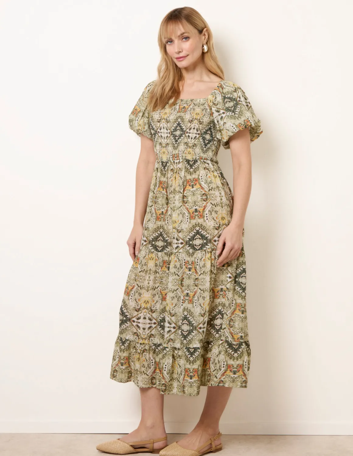 Abstract Print Puff Sleeve Midi Dress