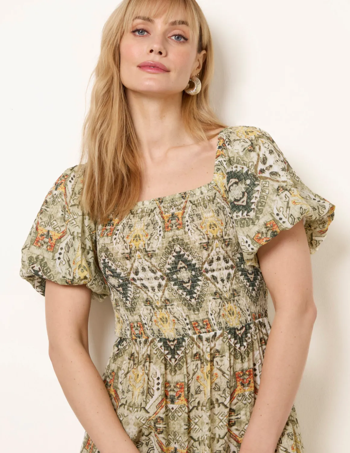 Abstract Print Puff Sleeve Midi Dress