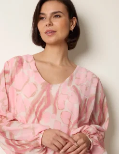 Abstract Print V Neck Puffball Top