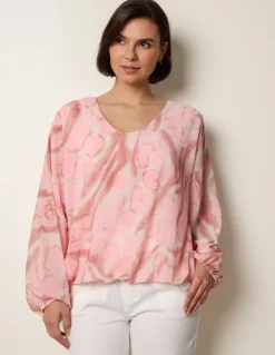 Abstract Print V Neck Puffball Top
