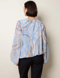 Abstract Print V Neck Puffball Top