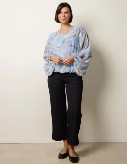 Abstract Print V Neck Puffball Top