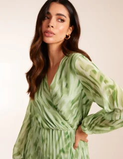 Abstract Wrap Pleated Midi Dress