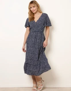 Angel Sleeve Shirred Waist Tier Hem Midi Dress