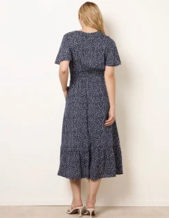 Angel Sleeve Shirred Waist Tier Hem Midi Dress