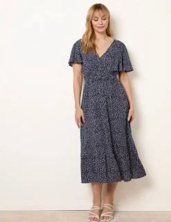 Angel Sleeve Shirred Waist Tier Hem Midi Dress