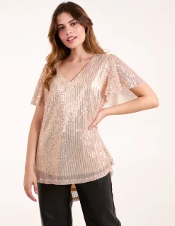 Angel Sleeve V Neck Sequin Top