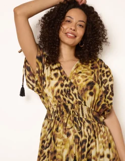 Animal Print Cross Over Channel Sleeve Kimono Maxi Dress