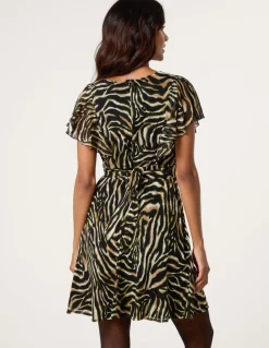 Animal Print Frill V Neck Mini Mesh Dress