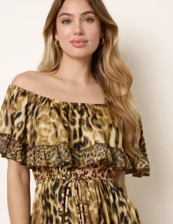 Animal Print Off The Shoulder Maxi Tiered Dress