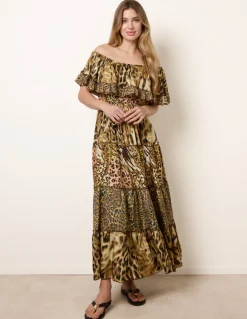 Animal Print Off The Shoulder Maxi Tiered Dress
