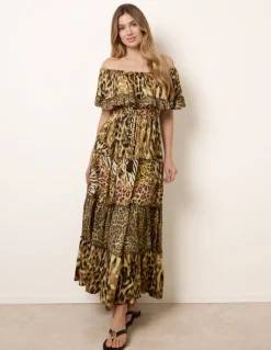 Animal Print Off The Shoulder Maxi Tiered Dress