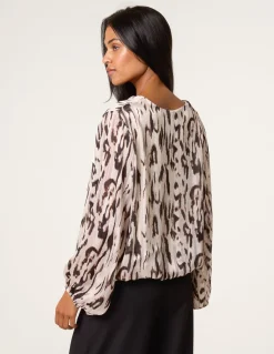 Animal Print Puffball V Neck Top