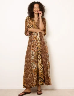 Animal Print Wide Leg Cross Over Jumpsuit