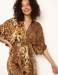 Animal Print Wide Leg Cross Over Jumpsuit