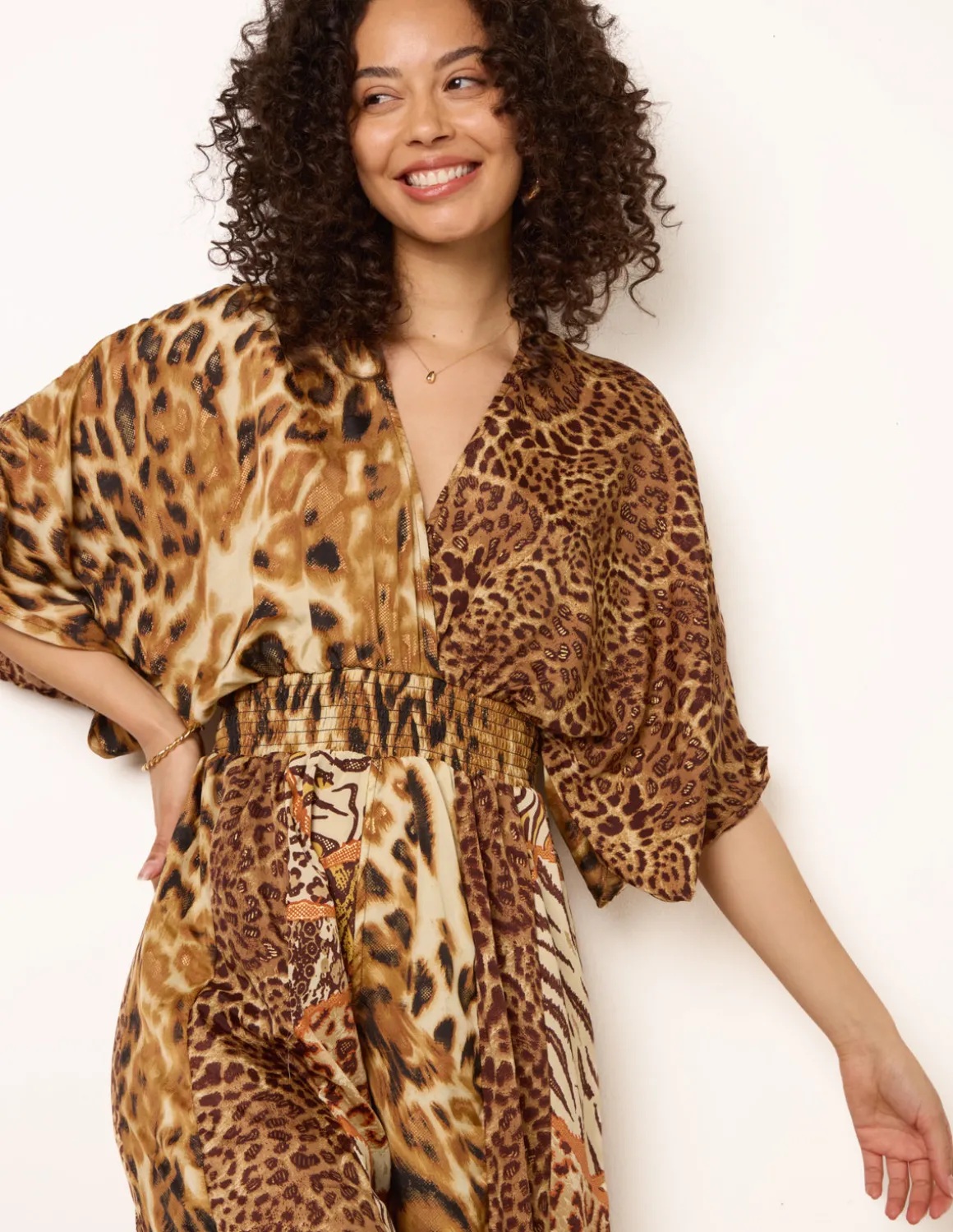 Animal Print Wide Leg Cross Over Jumpsuit