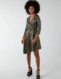 Asymmetric Metallic Animal Foil Wrap Dress