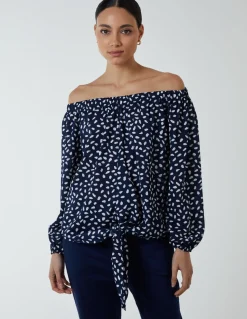 Bardot Balloon Sleeve Knot Top