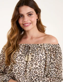 Bardot Elastic Neckline Leopard Tassel Top