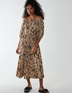 Bardot Midi Dress With Pleated Hem