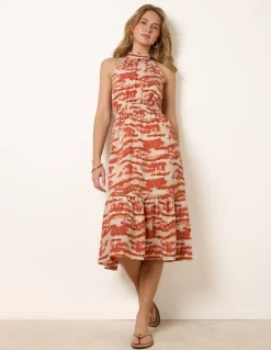 Blurred Tiered Halter Neck Midi Dress