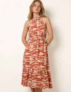Blurred Tiered Halter Neck Midi Dress