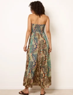 Bold Print Bandeau Shirred Maxi Dress