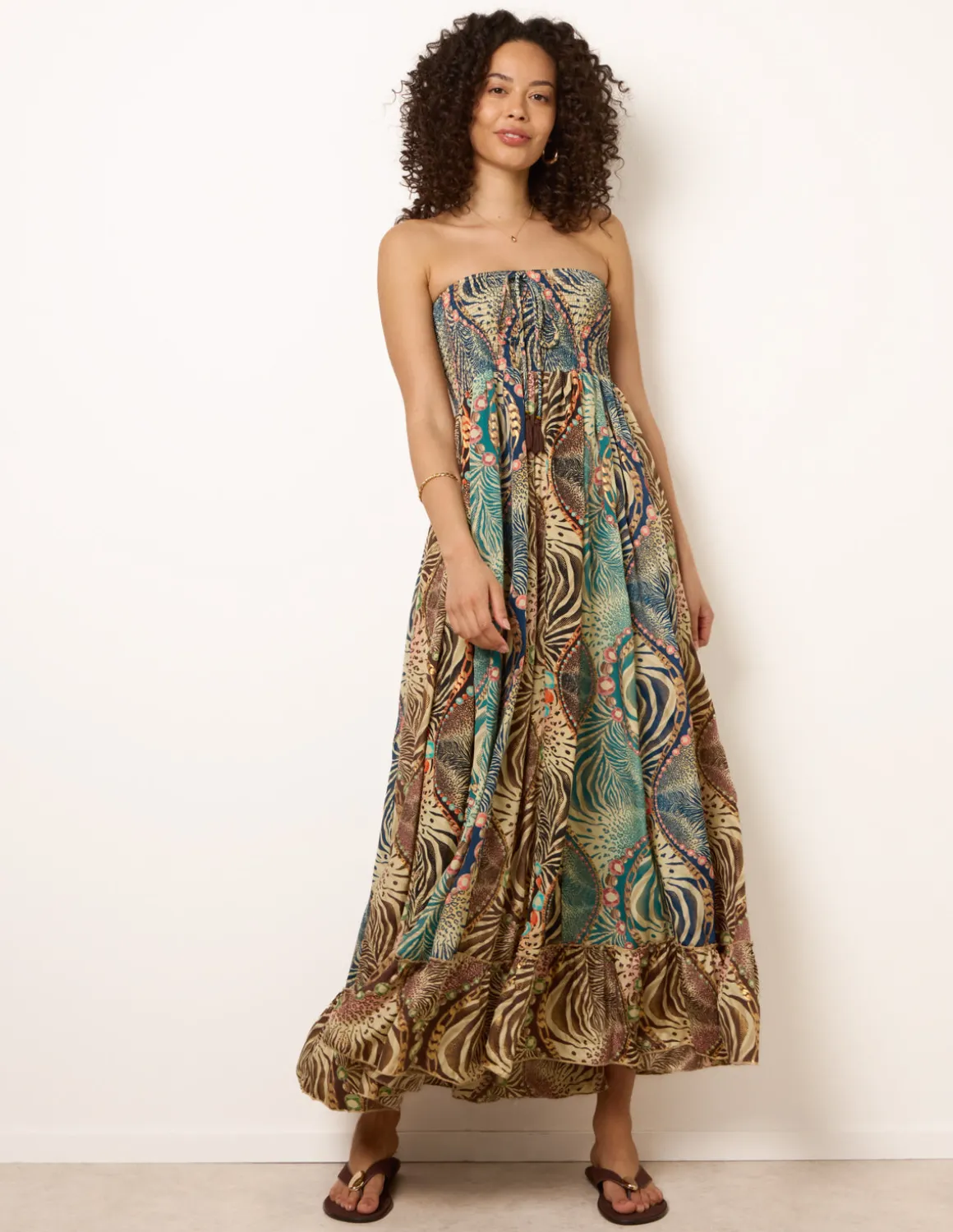 Bold Print Bandeau Shirred Maxi Dress