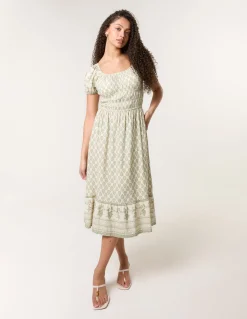Border Print Puff Sleeve Midi Dress