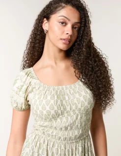 Border Print Puff Sleeve Midi Dress
