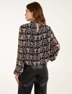 Bubble Hem High Neck Printed Top