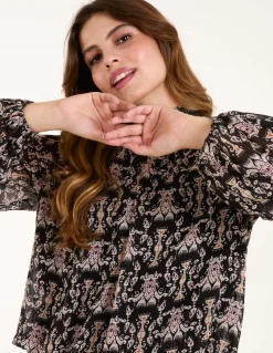 Bubble Hem High Neck Printed Top
