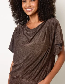 Button Detail Draped Cowl Neck Top