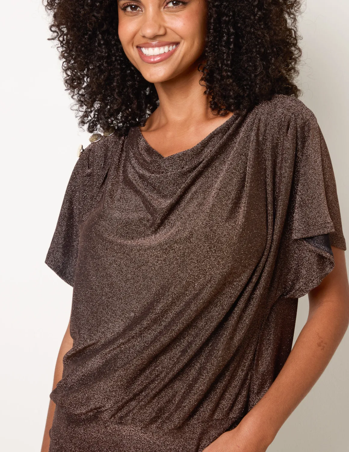 Button Detail Draped Cowl Neck Top