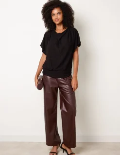 Button Detail Draped Cowl Neck Top