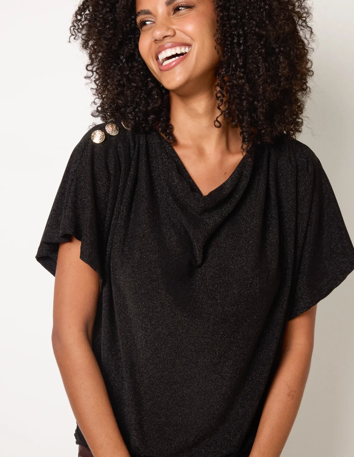 Button Detail Draped Cowl Neck Top