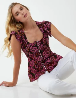 Button Front Floral Peplum Top