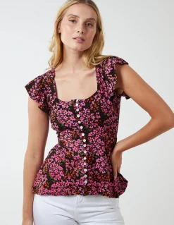 Button Front Floral Peplum Top