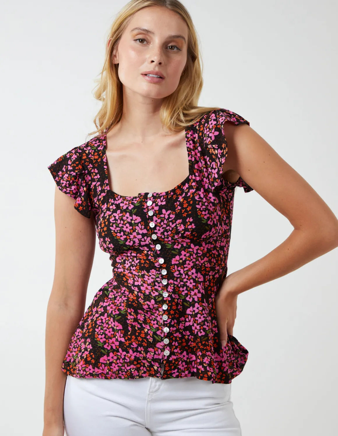 Button Front Floral Peplum Top