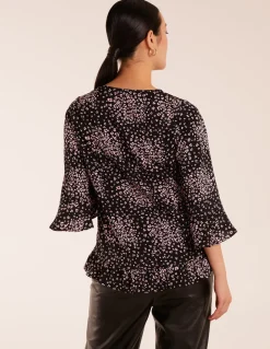 Button Front V Neck Flounce Blouse
