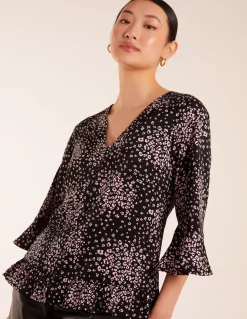 Button Front V Neck Flounce Blouse