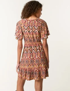 Button Through Elastic Waist And Neck Mini Dress