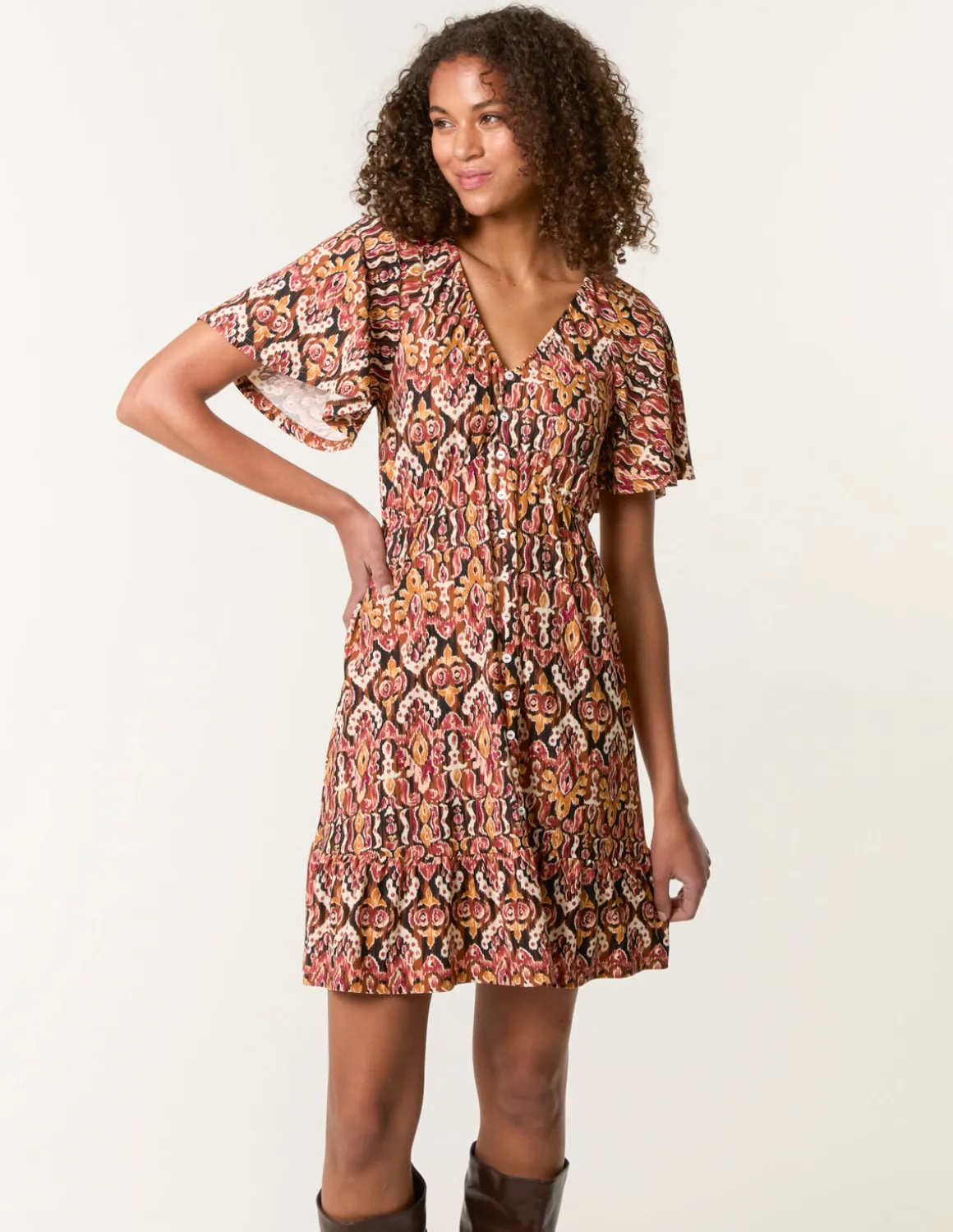 Button Through Elastic Waist And Neck Mini Dress